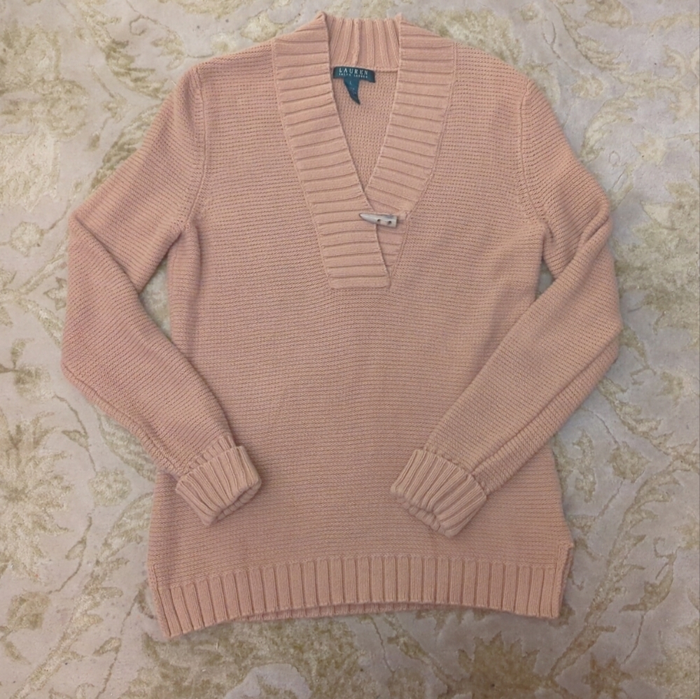 Women's Lauren Ralph Lauren Tan Shawl Collar Knit Sweater Preppy Horn Toggle L